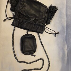 Felix Rey Black Leather Crossbody Bag with Drawstring & Tassels